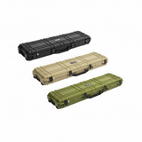 Three protective Hard Rifle cases in black, Tan, and Olive green on a white background
