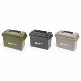 Three cylindrical storage boxes in green, gray, and beige with 'Evolution' branding on a white background.