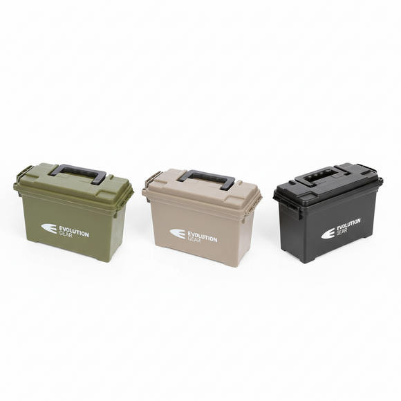 Three Evolution Gear ammunition boxes in green, beige, and black with 'Evolution' branding on a white background.