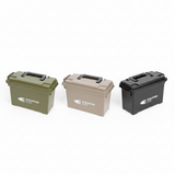 Three Evolution Gear ammunition boxes in green, beige, and black with 'Evolution' branding on a white background.